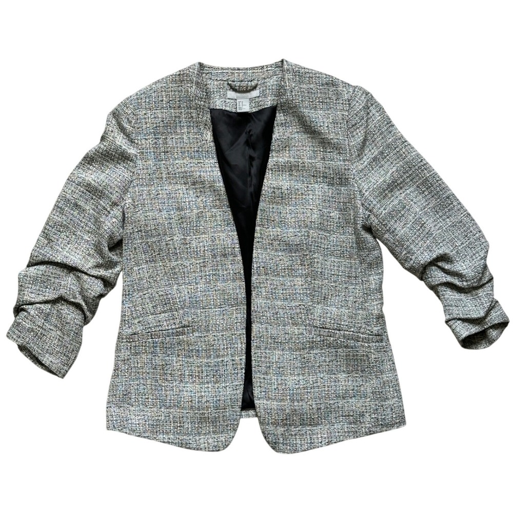 HM Open Front Blazer Black White Tweed Boucle Ruched 3/4 Sleeve 10 Office Wear
